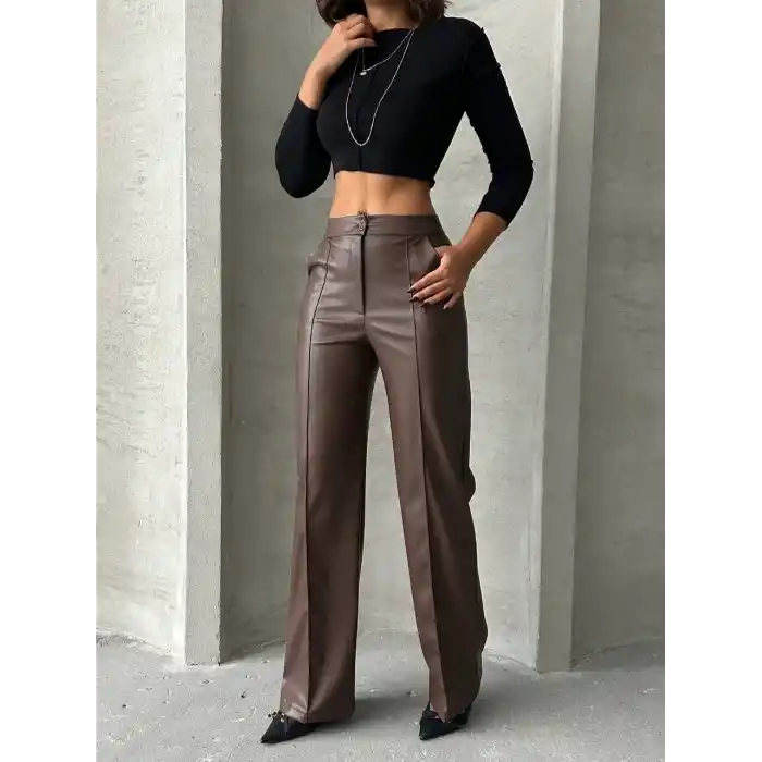 Zr deri palazzo pantolon kahve h24654