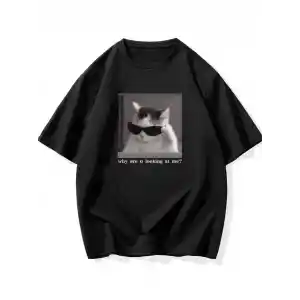 Neden Bana Bakıyorsun? Komik Kedi Grafik Tişört - Dijital Baskılı Siyah Bol Kesim Streetwear Tişört, Erkekler için Dört Mevsim Günlük Gömlek - Siyah