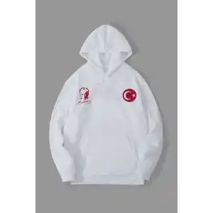 10 Kasıma Özel Üç İplik Kapüşonlu Baskılı SweatShirt - Beyaz