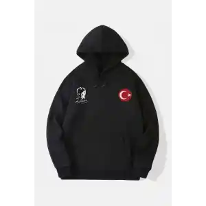 10 Kasıma Özel Üç İplik Kapüşonlu Baskılı SweatShirt - Siyah