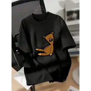 20/1 Penye Compack Ayı Baskılı Oversize Bisiklet Yaka Kısa Kol T-shirt - Siyah