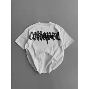 20/1 Penye Compack Baskılı Oversize Bisiklet Yaka Kısa Kol Yazlık T-shirt - Beyaz