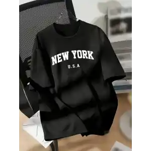 20/1 Penye Compack New York Baskılı Oversize Kısa Kol Bisiklet Yaka T-shirt - Siyah