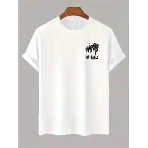 20/1 Penye Compack Palmiye Ön Baskılı Oversize Bisiklet Yaka Kısa Kol Yazlık T-shirt - Beyaz