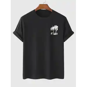 20/1 Penye Compack Palmiye Ön Baskılı Oversize Bisiklet Yaka Kısa Kol Yazlık T-shirt - Siyah