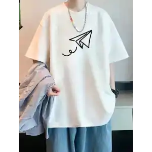 20/1 Penye Compack Uçak Baskılı Oversize Bisiklet Yaka Kısa Kol T-shirt - Beyaz