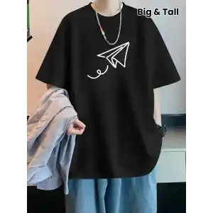 20/1 Penye Compack Uçak Baskılı Oversize Bisiklet Yaka Kısa Kol T-shirt - Siyah