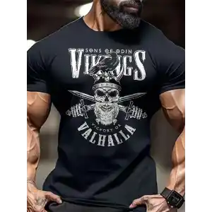 20/1 Penye Compack Vikings Valhalla Baskılı Oversize Bisiklet Yaka T-shirt - Siyah