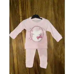 3-12 aylık kedi desen işlemeli takım pembe