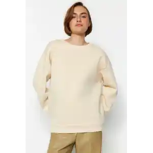 3 iplik şardonlu bisiklet yaka sweatshirt bej