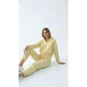 3 iplik şardonlu Kapşonlu fermuarlı kısa üst sarı pat8590