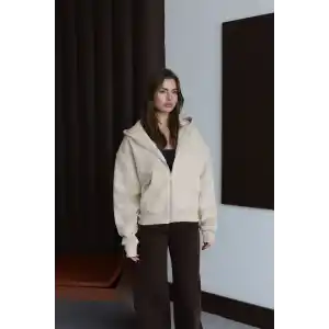 3 iplik şardonlu kapşonlu hoodie frm bej p510437