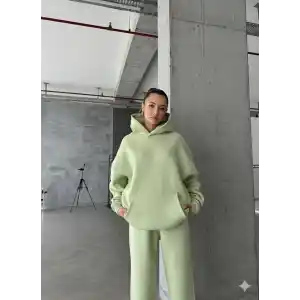 3 iplik şardonlu kapşonlu sweatshirt mint p510436