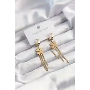 316L Çelik Altın Renk İtalyan Zincirli Yonca Model Halka Küpe