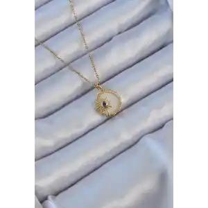 316L Çelik Altın Renk Zirkon Taşlı Mineli Kutup Yıldızı Kolye