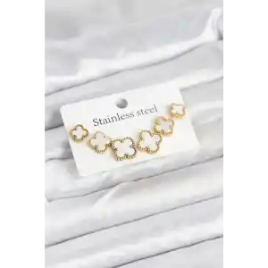 316L Çelik Gold Beyaz Renk 3 Boy Yonca Küpe Seti