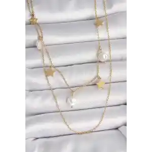 316L Çelik Gold Renk 2Li Zincir Sallantı Yıldız İnci Model Kadın Kolye