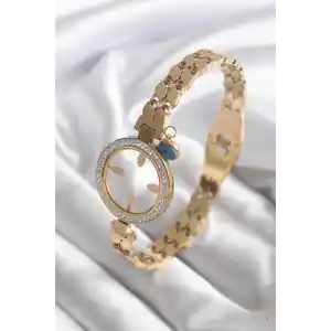 316L Çelik Gold Renk Arpa Model Zirkon Taş Detay Çeyrek Altın Takılabilir Kadın Kelepçe