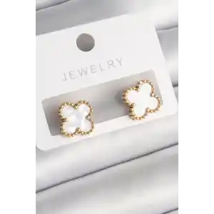 316L Çelik Gold Renk Beyaz Minelik Yonca Model Kadın Küpe