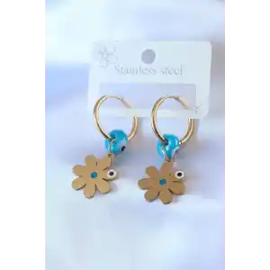 316L Çelik Gold Renk Çiçek Model Nazar Boncuk Detay Kadın Küpe