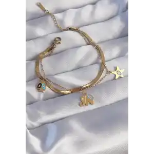316L Çelik Gold Renk Çift Zincir Çoklu Aksesuarlı Bileklik