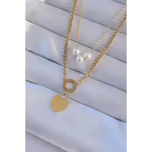 316L Çelik Gold Renk Çift Zincir İnci Detayı Love Kalp Kolye