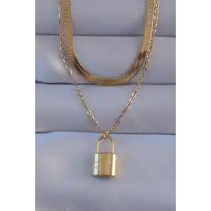 316L Çelik Gold Renk Çift Zincir Kilit Model Kolye