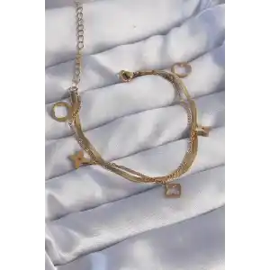 316L Çelik Gold Renk Çift Zincir Yonca Tasarım Bileklik