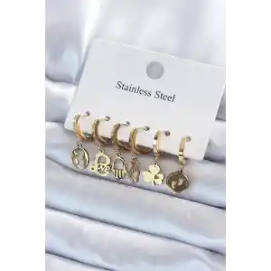 316L Çelik Gold Renk Çoklu Figür Model Kadın Küpe Seti
