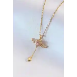 316L Çelik Gold Renk Kanatlı Kalp Model Zirkon Taş Detay Kadın Kolye