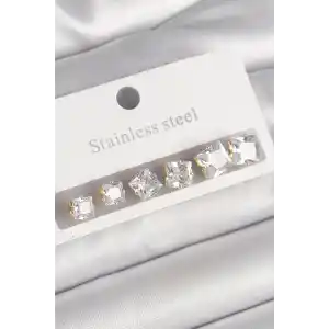 316L Çelik Gold Renk Kare Zirkon Taş Model Kadın Küpe Seti