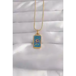 316L Çelik Gold Renk Mavi Mineli El Figür Tarot Kolye