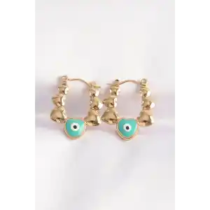 316L Çelik Gold Renk Mavi Nazarlı Kalpli Model Küpe