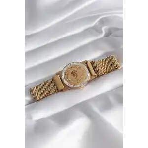 316L Çelik Gold Renk Mıknatıslı Hasır Zirkon Taşlı Çeyrek Altın Model Kadın Bileklik