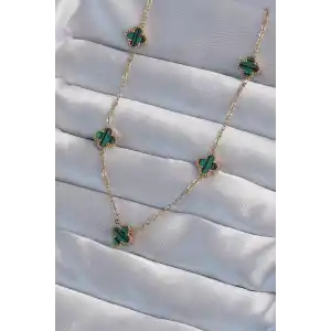 316L Çelik Gold Renk Minimal Yeşil Mineli Yonca Kolye