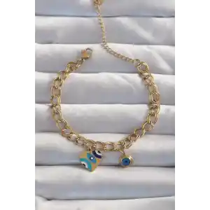 316L Çelik Gold Renk Nazarlı Kalp Model Zincir Bileklik
