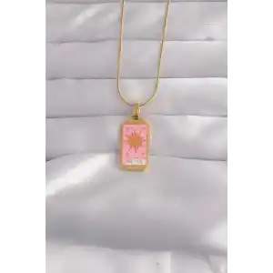 316L Çelik Gold Renk Pembe Mineli Güneş Model Tarot Kolye