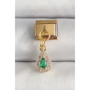 316L Çelik Gold Renk Sallantı Damla Yeşil Zirkon Taşlı Nomination Charm