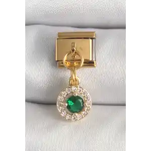 316L Çelik Gold Renk Sallantı Yeşil Zirkon Taşlı Nomination Charm