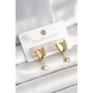 316L Çelik Gold Renk Sallantı Zirkon Taş Detaylı Simli Kelebek Model Kadın Küpe