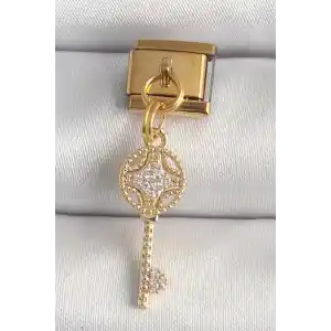 316L Çelik Gold Renk Sallantı Zirkon Taşlı Anahtar Model Nomination Charm