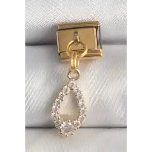 316L Çelik Gold Renk Sallantı Zirkon Taşlı Damla Model Nomination Charm