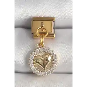 316L Çelik Gold Renk Sallantı Zirkon Taşlı Kalp Model Nomination Charm