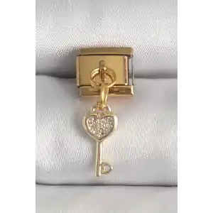 316L Çelik Gold Renk Sallantı Zirkon Taşlı Kalpli Anahtar Model Nomination Charm