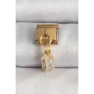 316L Çelik Gold Renk Sallantı Zirkon Taşlı Kare Model Nomination Charm