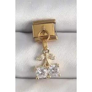 316L Çelik Gold Renk Sallantı Zirkon Taşlı Kiraz Model Nomination Charm