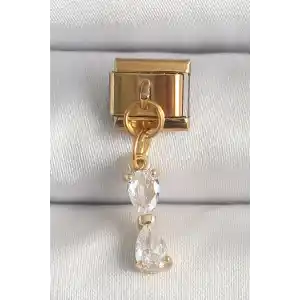 316L Çelik Gold Renk Sallantı Zirkon Taşlı Kurdele Model Nomination Charm