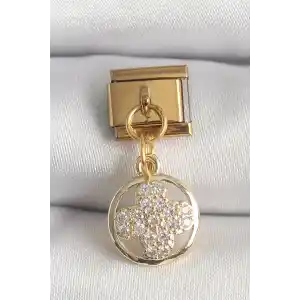 316L Çelik Gold Renk Sallantı Zirkon Taşlı Yonca Model Nomination Charm