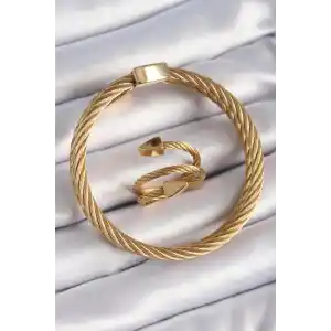 316L Çelik Gold Renk Sarmal Model Erkek Bileklik Yüzük Kombini