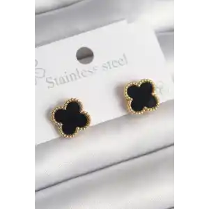 316L Çelik Gold Renk Siyah Yonca Model Kadın Küpe